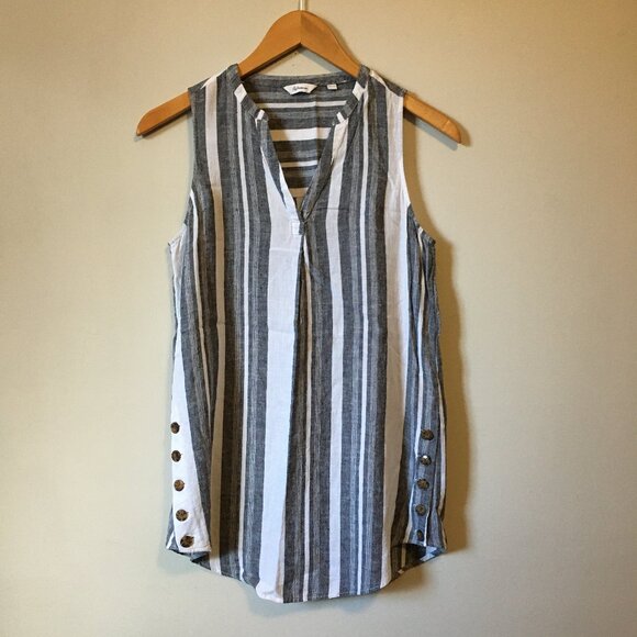 Vertical Barcode Stripe Button Accent Linen Tunic Tank Top - Picture 1 of 14
